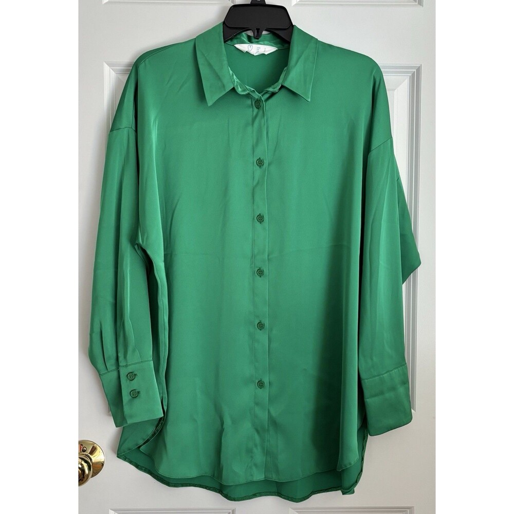GREEN SATIN SIZE 8 OVERSIZED LONG SLEEVE COLLARED BUTTON DOWN PRIMARK POLYESTER